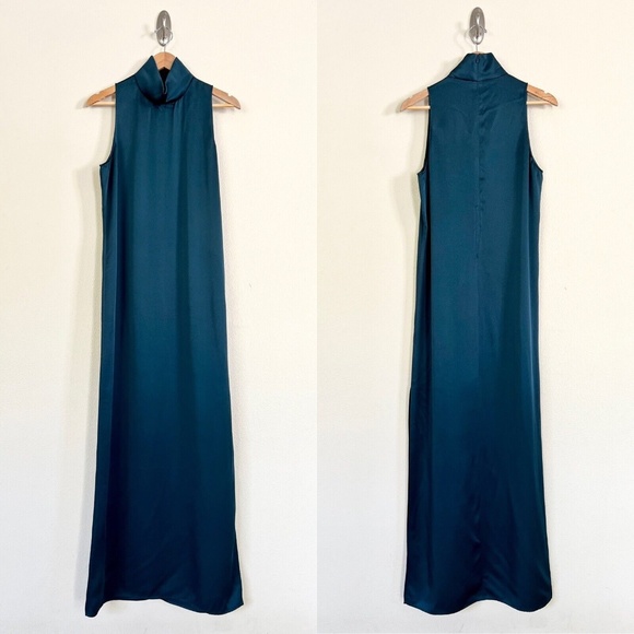 GWYN Nneoma Turtleneck Satin Maxi Dress in Marine Green - Picture 5 of 11